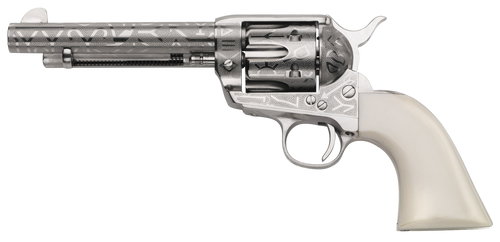 Taylors & Company 200060 1873 Cattle Brand Pietta 38 Special/357 Mag 6 Shot 5.50" Nickel Engraved Round Barrel, Nickel Engraved Cylinder & Steel Frame, White PVC Navy Grip, Exposed Hammer
