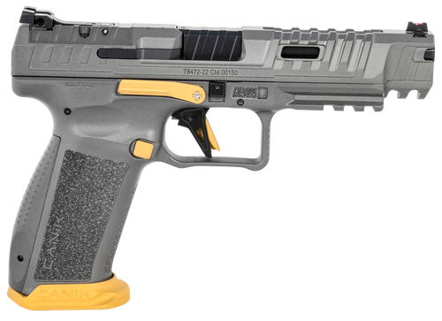 Canik HG6610TN SFx Rival Full Size 9mm Luger 18+1, 5" Black Steel Barrel, Rival Gray Ported/Serrated Slide, Rival Gray w/Gold Accents Polymer Frame w/Beavertail & Picatinny Rail, Ambidextrous