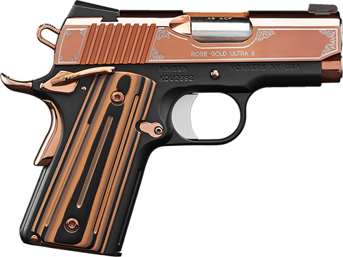 Kimber Mfg, Inc 3200372 Ultra II  9mm Luger 8+1 3" Stainless Match Grade Barrel, Engraved Rose Gold PVD Serrated Stainless Steel Slide, Kimpro II Black Aluminum Frame w/Beavertail, G10 Grip