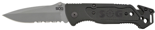 S.O.G SOG-FF24-CP Escape  3.40" Folding Clip Point Part Serrated Bead Blasted 9Cr18MoV SS Blade Black Anodized Aluminum Handle Includes Belt Clip