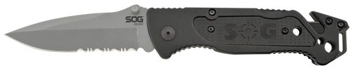S.O.G SOG-FF24-CP Escape  3.40" Folding Clip Point Part Serrated Bead Blasted 9Cr18MoV SS Blade Black Anodized Aluminum Handle Includes Belt Clip