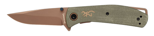 Browning 3220516B Trailside  EDC Small 3" Folding Modified Drop Point Plain Titanium Finish D2 Steel Blade, Green Micarta Handle, Boxed Pkg