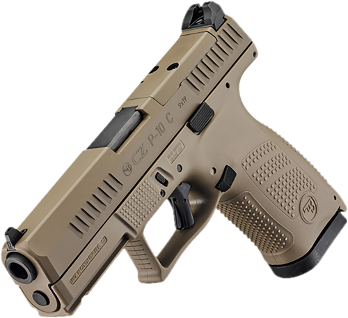 CZ-USA 91577 P-10 C  Compact Frame 9mm Luger 15+1 4.02" Black Stainless Steel Barrel, Black Nitride Serrated Steel Slide, Flat Dark Earth Polymer Frame w/Picatinny Rail, Interchangeable Backstrap Grip