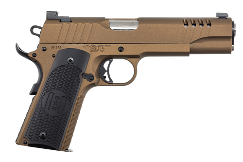 Auto-Ordnance 1911TCAC10 1911  45 ACP 7+1 5" Stainless Steel Barrel, Serrated Stainless Steel Slide, Burnt Bronze Cerakote Steel Frame w/Beavertail, Armor Black Cerakote Engraved Aluminum Grip