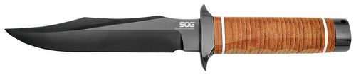 S.O.G SOGSB1TL Super SOG  7.50" Fixed Bowie Plain Black Hardcased TiCN AUS-8A SS Blade Brown Stacked Leather Washers w/Cross Guard Handle Includes Sheath