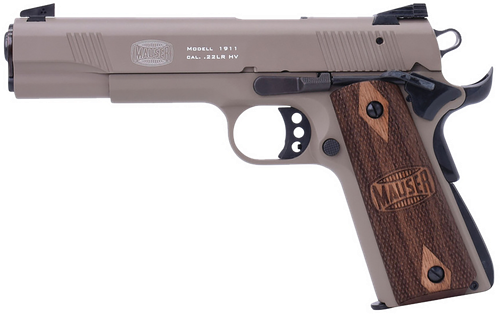 Mauser Rimfire 4110604 1911  22 LR 10+1 5" Black Steel Barrel, Tan Serrated Aluminum Slide, Tan Aluminum Frame w/Beavertail, Walnut Grip, Ambidextrous