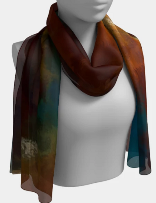 POEFASHION® Golden Glow Royston Painted Long Scarf 3 - Royston Blue, Reds, Greens and Copper