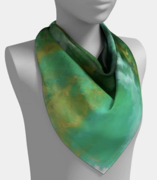 POEFASHION® Emerald Turquoise Square Scarf,  Light and Dark Emerald Greens, Golds and White