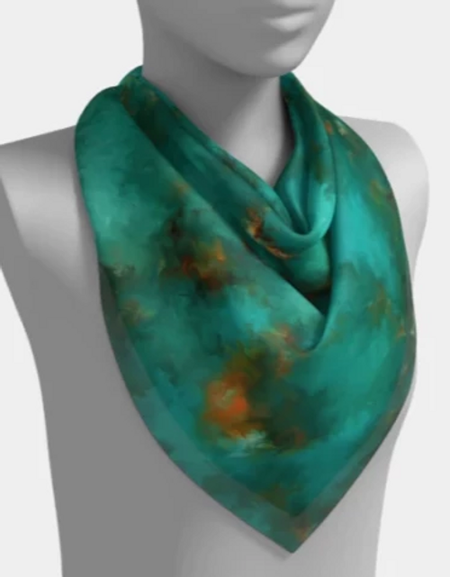 POEFASHION® Blue-Green Painted Square Scarf - True Royston Blue/Green with Copper Turquoise Color