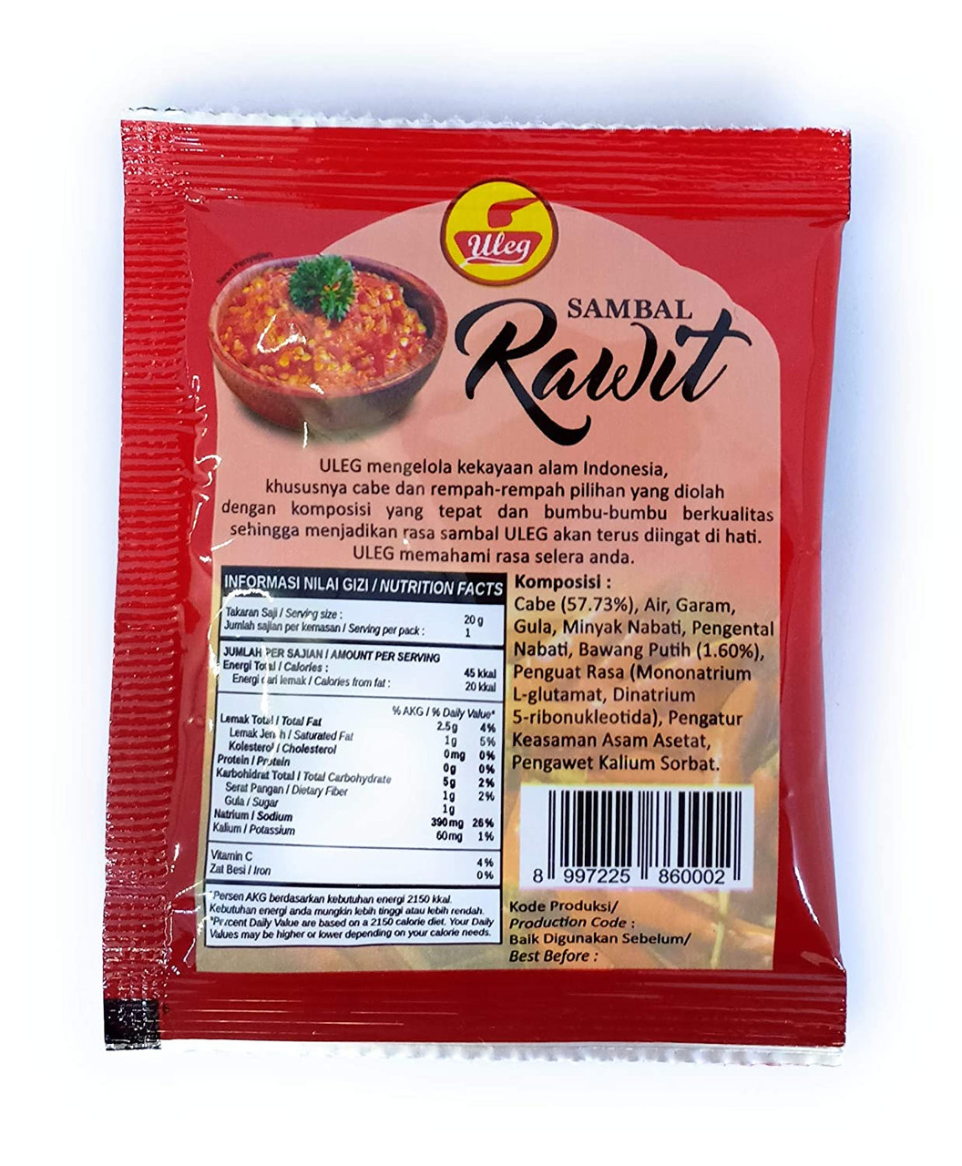 Uleg Sambal Rawit (Cayenne pepper Paste), 180 gram (@18gr x 10