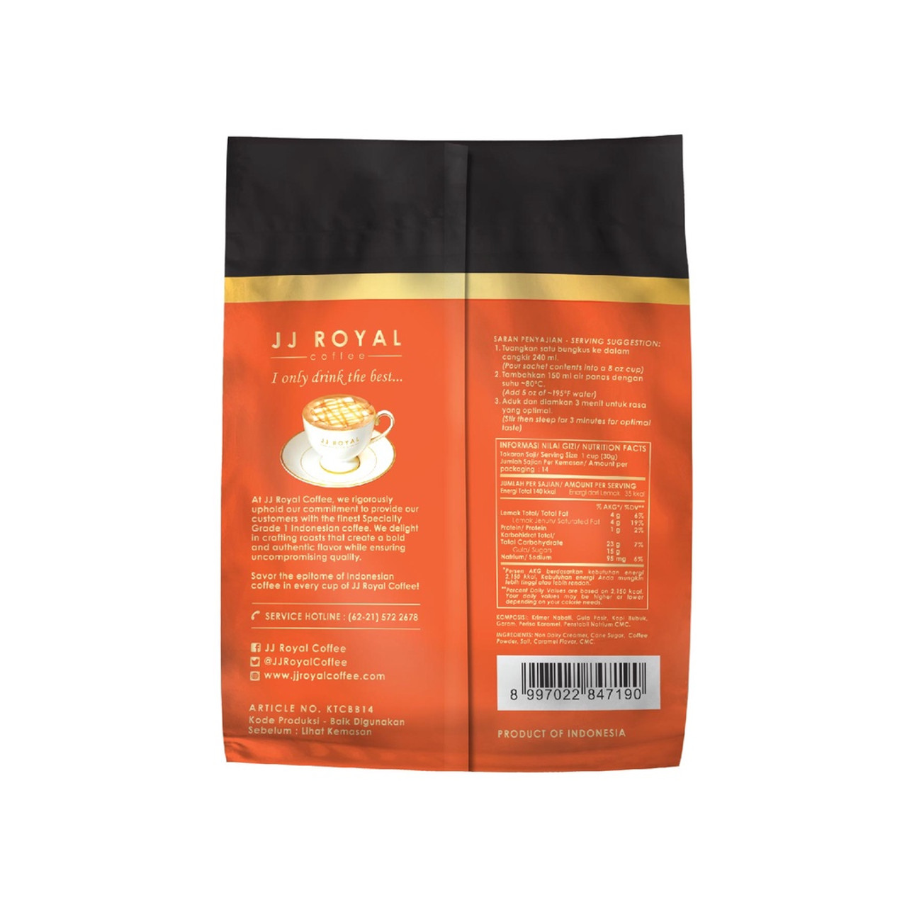 JJ Royal Kopi Tubruk Caramel Latte, 14 sachets @ 30 Gram