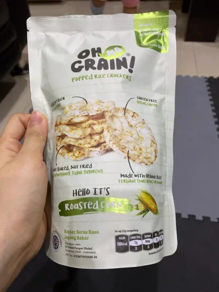 Oh Ma Grain Popped Rice Crackers Roasted Corn, 50gr