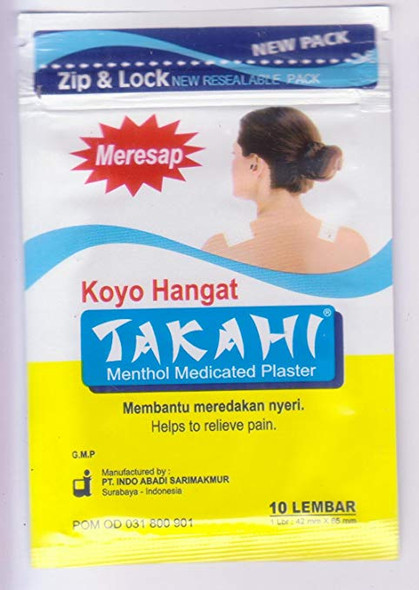 Takahi Koyo Hangat - Warm Menthol Medicated Plaster, 1 Pack (10 Pathes)