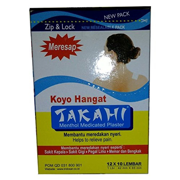 Takahi Koyo Hangat - Warm Menthol Medicated Plaster, 1 Box ( 12 Packs, 120 Patches)