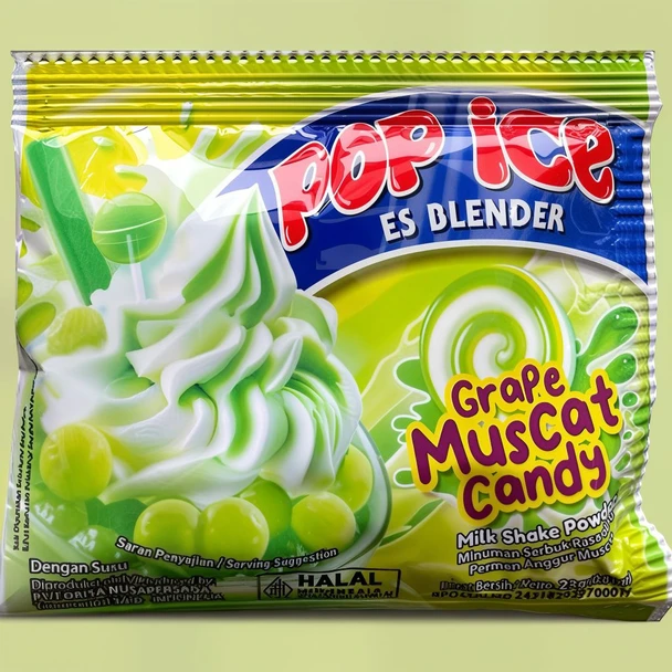 Pop Ice Milk Shake Powder with Muscat Grape Candy Flavor, @23gr (10 Sachets)