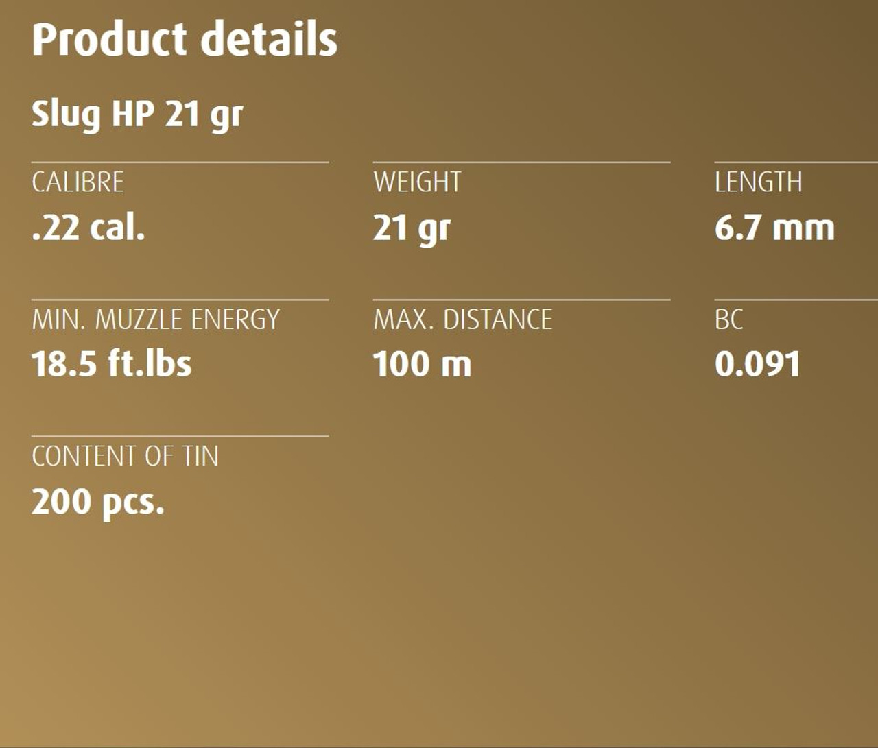 H&N Slug HP .22 (.217 5.51mm) Pellets 21gr Tin of 200