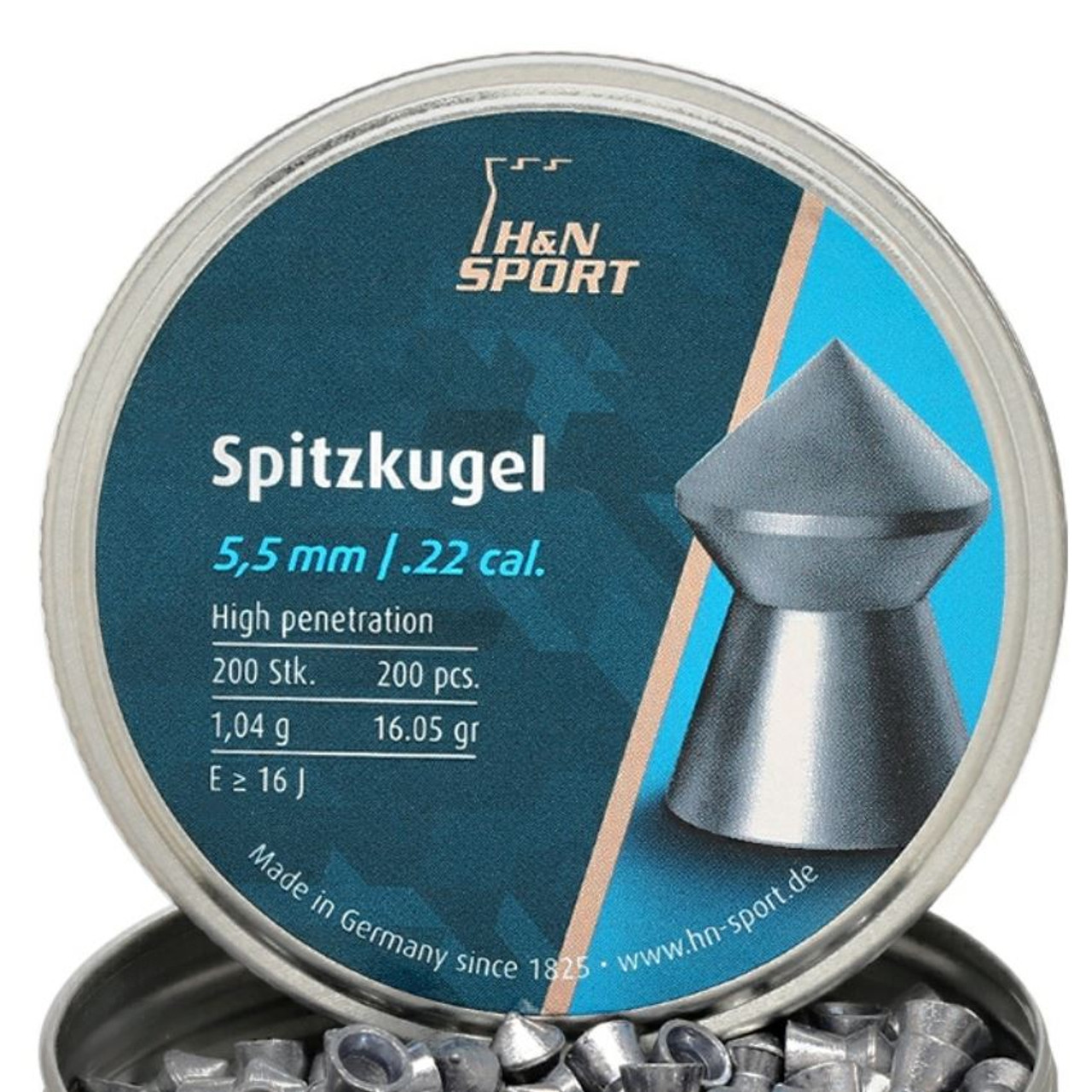 H&N Spitzkugel Pointed Airgun Pellets .22 5.5mm 16.05gr Tin of 200