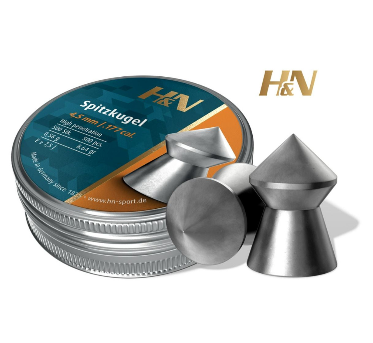 H&N Spitzkugel Pointed Airgun Pellets .177 4.5mm 8.64gr Tin of 500
