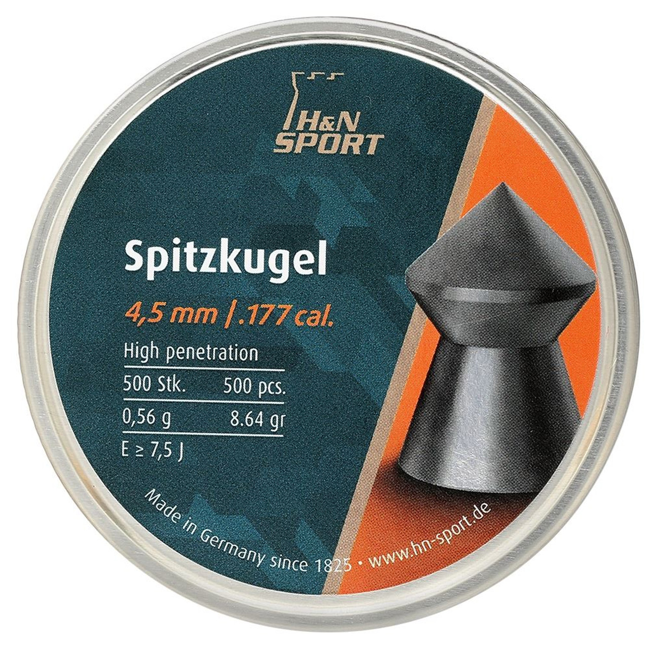 H&N Spitzkugel Pointed Airgun Pellets .177 4.5mm 8.64gr Tin of 500