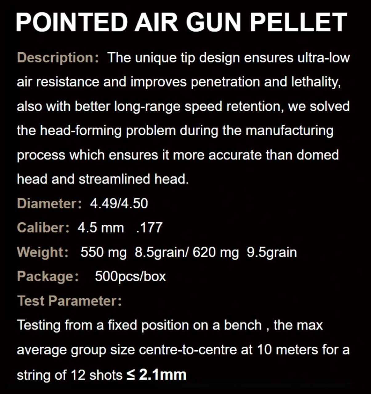 QYS Pointed Nose Heavy .177 4.5mm 9.56gr Airgun Pellets Tin of 500