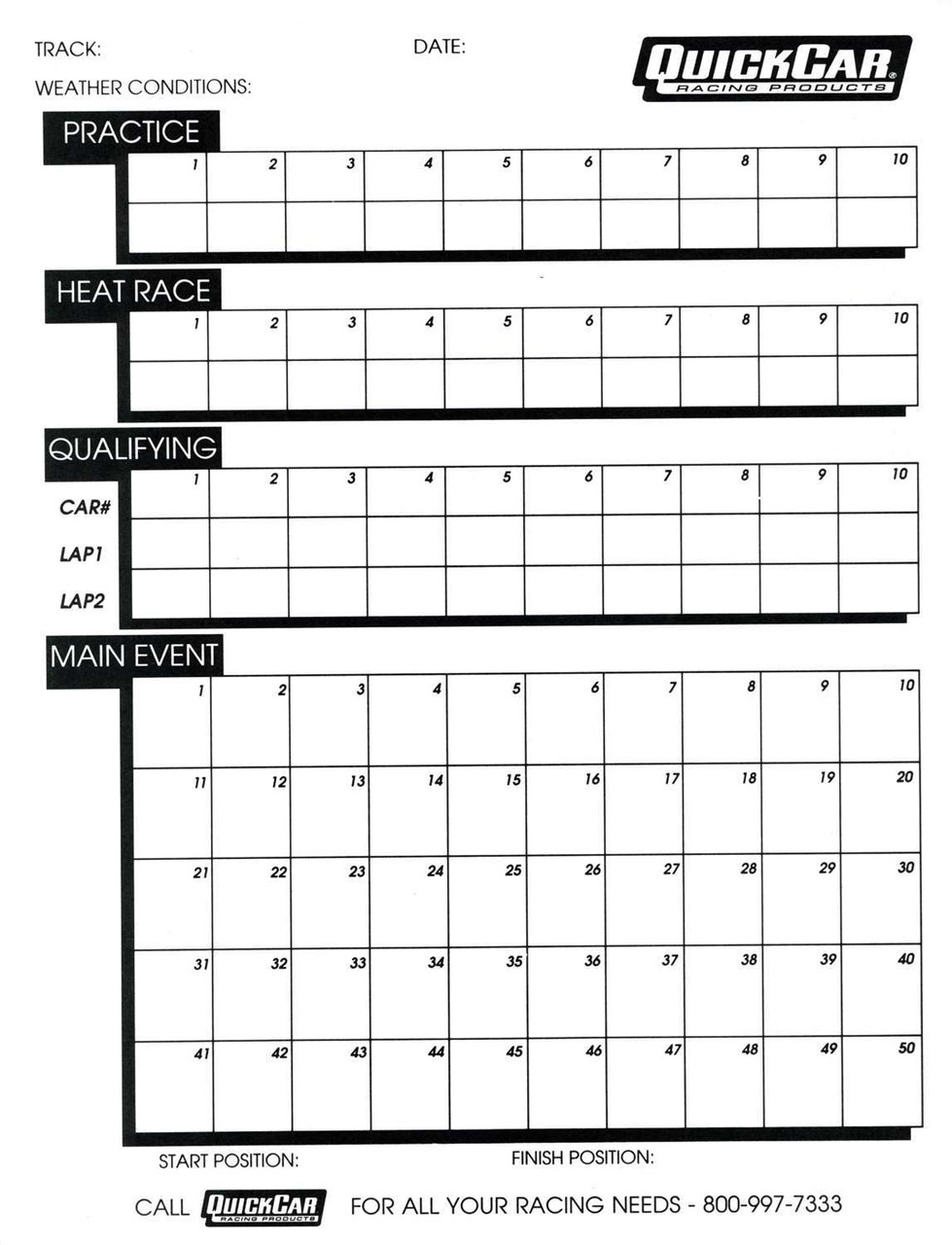 QuickCar Racing Products Time Organizer Sheets 50 Lap