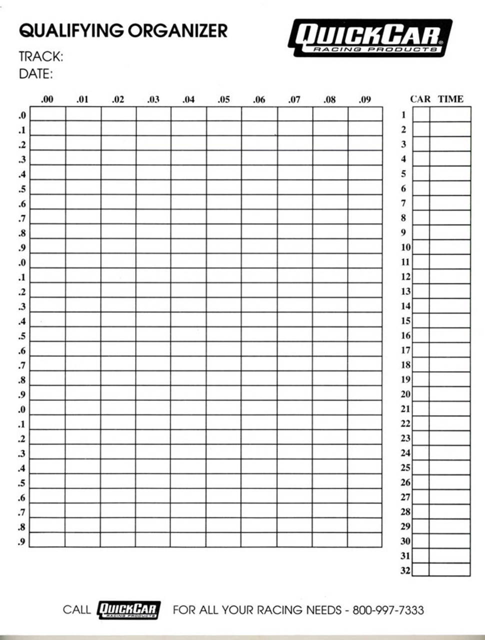 QuickCar Racing Products Qualifying Organizer Sheets (50pk)