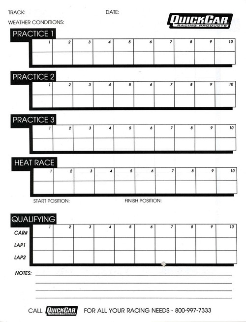 QuickCar Racing Products Time Organizer Sheets 100 Lap (50PK)