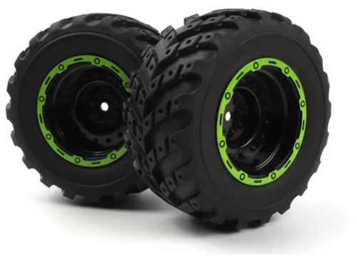Blackzon 540181 1.9" MT Tyres on Black/Green Dish Rims - Glued Wheels 2Pcs 