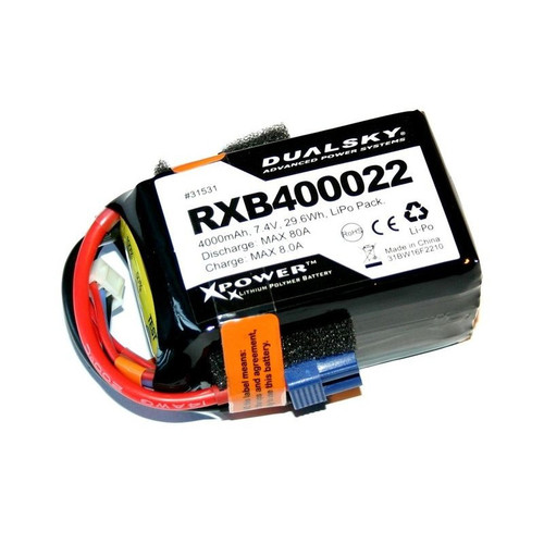 DualSky 2000mAh 2S 7.4V 20C RX LiPo Battery w/Battery Meter & XT60