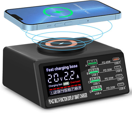 WLX 110W 8-Port USB QC3.0/PD/Wireless Multi-Charge Station w/Display