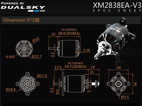 DualSky XM2838EA-10 V3 1250kv 396w 15E Brushless Outrunner Motor