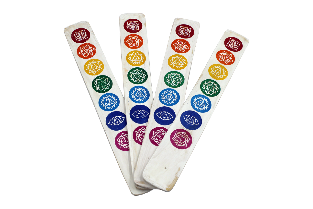 White Flatwood Incense Burner w/ 7 Chakras- 12ct