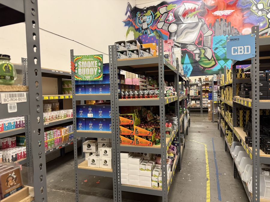 Wholesale smoke shop product aisles at Bronco Distribution