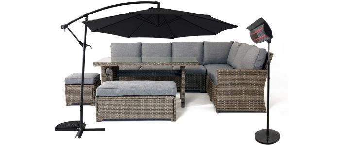 Rattan lounge set with corner sofa, bench, stool, table, parasol and patio heater