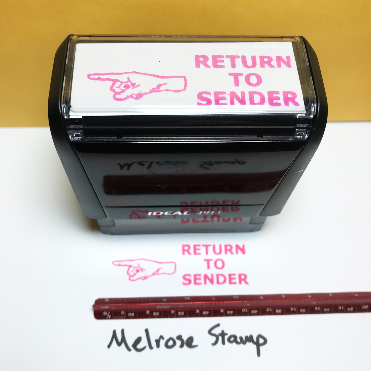 Return To Sender Stamp With Hand Stamp Pink Ink Large 0123A