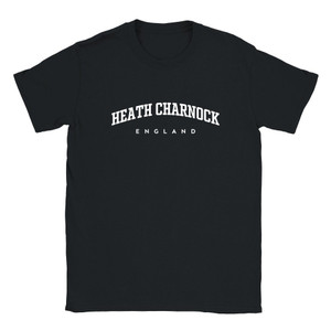 Heath Charnock T Shirt which features white text centered on the chest which says the Village name Heath Charnock in varsity style arched writing with England printed underneath.