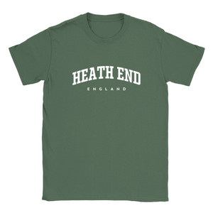 Heath End T Shirt which features white text centered on the chest which says the Village name Heath End in varsity style arched writing with England printed underneath.