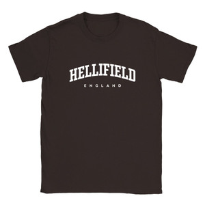 Hellifield T Shirt which features white text centered on the chest which says the Village name Hellifield in varsity style arched writing with England printed underneath.