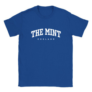 The Mint T Shirt which features white text centered on the chest which says the Village name The Mint in varsity style arched writing with England printed underneath.
