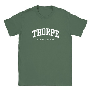 Thorpe T Shirt which features white text centered on the chest which says the Village name Thorpe in varsity style arched writing with England printed underneath.