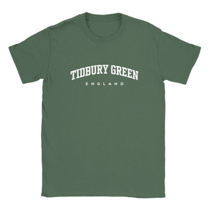 Tidbury Green T Shirt which features white text centered on the chest which says the Village name Tidbury Green in varsity style arched writing with England printed underneath.