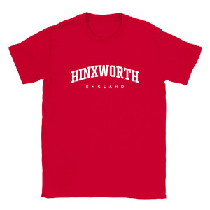 Hinxworth T Shirt which features white text centered on the chest which says the Village name Hinxworth in varsity style arched writing with England printed underneath.