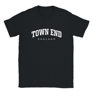 Town End T Shirt which features white text centered on the chest which says the Village name Town End in varsity style arched writing with England printed underneath.