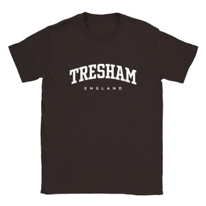 Tresham T Shirt which features white text centered on the chest which says the Village name Tresham in varsity style arched writing with England printed underneath.