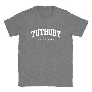 Tutbury T Shirt which features white text centered on the chest which says the Village name Tutbury in varsity style arched writing with England printed underneath.