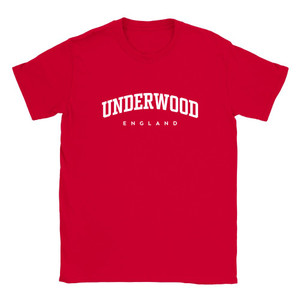 Underwood T Shirt which features white text centered on the chest which says the Village name Underwood in varsity style arched writing with England printed underneath.