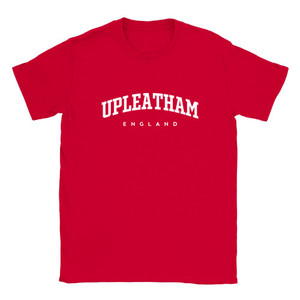 Upleatham T Shirt which features white text centered on the chest which says the Village name Upleatham in varsity style arched writing with England printed underneath.