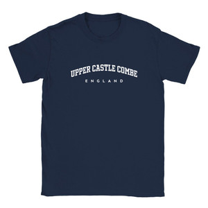 Upper Castle Combe T Shirt which features white text centered on the chest which says the Village name Upper Castle Combe in varsity style arched writing with England printed underneath.