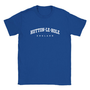 Hutton-le-Hole T Shirt which features white text centered on the chest which says the Village name Hutton-le-Hole in varsity style arched writing with England printed underneath.