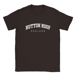 Hutton Roof T Shirt which features white text centered on the chest which says the Village name Hutton Roof in varsity style arched writing with England printed underneath.